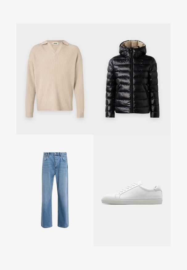 Schwarze Pufferjacke mit glänzender Oberfläche, gestepptem Design, Kapuze, Reißverschluss und zwei seitlichen Taschen. Innenfutter ist beige.; Beige gerippter Strickpullover mit V-Ausschnitt und Kragen, mit langen Ärmeln und einer lockeren Passform, hergestellt aus einem weichen, strukturierten Stoff.; Helle blaue Jeans im Geradeschnitt-Design, mit fünf Taschen, Knopfverschluss, minimaler Ausbleichung und kontrastierenden Nähdetails.; Weißer Sneaker mit glattem Lederobermaterial und niedrigem Profil. Verfügt über eine runde Zehenpartie, sechs Ösen und eine strukturierte Gummisohle.