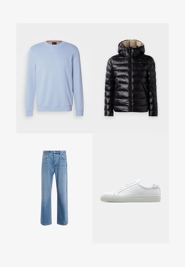 Chaqueta acolchada negra con un acabado brillante, diseño acolchado, capucha, cierre de cremallera y dos bolsillos laterales. El interior es de color beige.; Sudadera de color azul claro hecha de una mezcla de algodón, con cuello redondo, mangas largas y un pequeño logo en relieve en el pecho.; Jeans de mezclilla azul claro con un diseño de pierna recta, cinco bolsillos, cierre de botón, ligeramente desgastados y detalles de costura en contraste.; Zapatilla blanca con parte superior de cuero liso y perfil bajo. Presenta una puntera redondeada, seis ojales y una suela de goma texturizada.