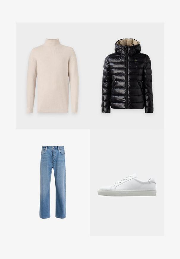 Giacca a vento nera con finitura lucida, design trapuntato, cappuccio, chiusura con zip e due tasche laterali. L'interno è beige.; Maglione a collo alto in maglia a coste color beige chiaro con maniche lunghe e una vestibilità leggermente morbida, esposto su uno sfondo bianco.; Jeans in denim blu chiaro con design a gamba dritta, cinque tasche, chiusura con bottone, leggero sbiadimento e dettagli di cucitura a contrasto.; Sneaker bianco con tomaia in pelle liscia e profilo basso. Presenta una punta arrotondata, sei occhielli e una suola in gomma testurizzata.