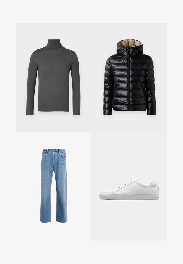 Must must jacket läikiva viimistlusega, tikandiga disain, kapuuts, lukuga sulgemine ja kaks küljetaskut. Siseosa on beež.; Tumehall, pikad varrukad turtleneck-sviitrid, millel on kenad mansetid ja sile, peen kudumine valgel taustal.; Heledad sinine teksapüksid otse lõikega, viie taskuga, nupuga sulgemine, minimaalne kulumine ja kontrastsed õmbluse detailid.; Valge tennisetoss, millel on sile nahk pealis ja madal profiil. Omab ümarat ninaosa, kuut silmust ja tekstuuriga kummist talda.
