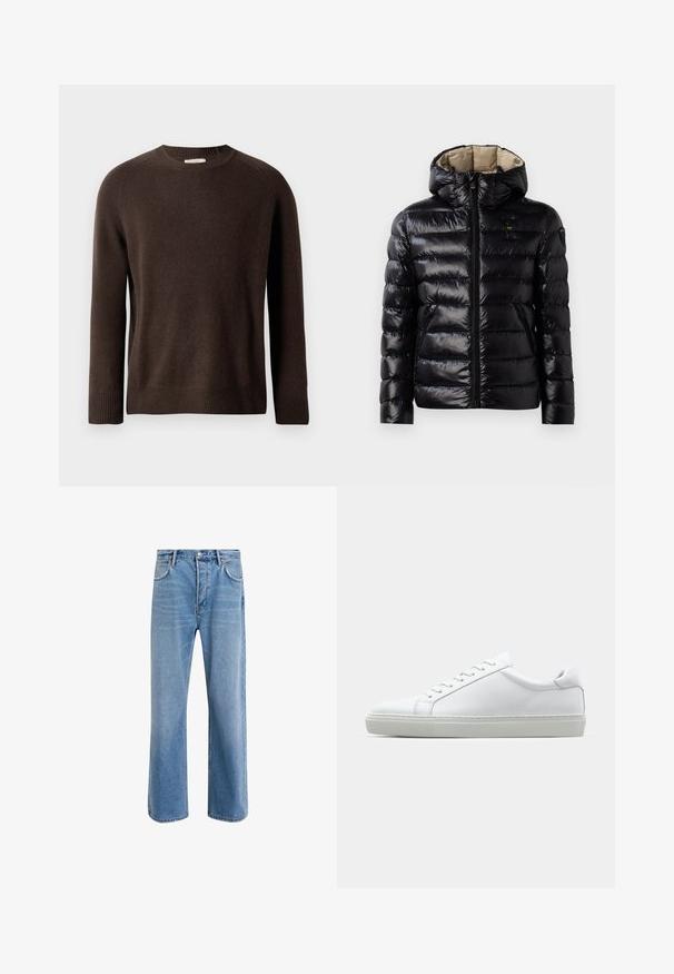 Giacca a vento nera con finitura lucida, design trapuntato, cappuccio, chiusura con zip e due tasche laterali. L'interno è beige.; Maglione a maniche lunghe marrone con collo a giro e polsini e orlo a costine, presentato su uno sfondo chiaro e uniforme.; Jeans in denim blu chiaro con design a gamba dritta, cinque tasche, chiusura con bottone, leggero sbiadimento e dettagli di cucitura a contrasto.; Sneaker bianco con tomaia in pelle liscia e profilo basso. Presenta una punta arrotondata, sei occhielli e una suola in gomma testurizzata.