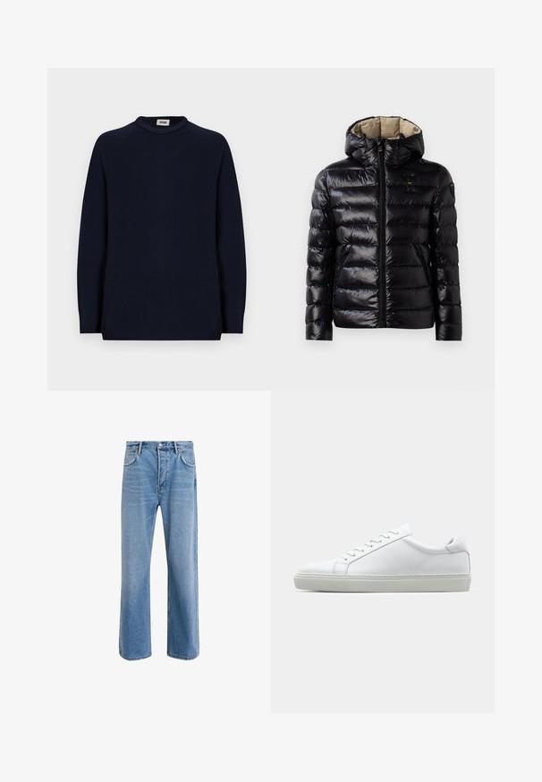 Czarna kurtka puchowa o błyszczącej powierzchni, pikowany design, z kapturem, zamek błyskawiczny i dwie boczne kieszenie. Wnętrze jest beżowe.; Granatowy sweter z długim rękawem i okrągłym dekoltem, z małą białą metką wewnątrz kołnierza z napisem "DRYKORN."; Jasnoniebieskie dżinsy o prostym kroju, pięć kieszeni, zapięcie na guzik, minimalne blaknięcia i kontrastowe wykończenia szwów.; Białe sneakersy z gładką skórzaną cholewką i niskim profilem. Posiadają okrągły nos, sześć dziurek na sznurówki oraz teksturowaną gumową podeszwę.