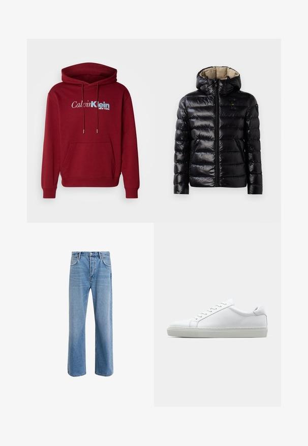 Čierna nafukovacia bunda s lesklým povrchom, prešitou konštrukciou, kapucňou, zipsovým zapínaním a dvoma bočnými vreckami. Interiér je béžový.; Bordový mikina s kapucňou vyrobená z fleecového materiálu, so klokánkovou kapsou, pružnými manžetami a bielym a modrým logom „Calvin Klein NEW YORK“. ; Svetlo modré denimové džínsy so strihom rovného nohu, päť vreciek, zapínanie na gombík, minimálne vyblednutie a kontrastné švy.; Biele tenisky s hladkým koženým zvrškom a nízkym profilom. Majú zaoblenú špičku, šesť očiek a štruktúrovanú gumovú podrážku.