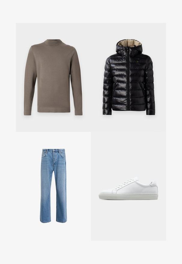 Schwarze Pufferjacke mit glänzender Oberfläche, gestepptem Design, Kapuze, Reißverschluss und zwei seitlichen Taschen. Innenfutter ist beige.; Brauner Langarmpullover aus einem glatten, weichen Stoff, mit hohem Kragen und minimalen Nähten. Das Design ist schlicht und modern.; Helle blaue Jeans im Geradeschnitt-Design, mit fünf Taschen, Knopfverschluss, minimaler Ausbleichung und kontrastierenden Nähdetails.; Weißer Sneaker mit glattem Lederobermaterial und niedrigem Profil. Verfügt über eine runde Zehenpartie, sechs Ösen und eine strukturierte Gummisohle.