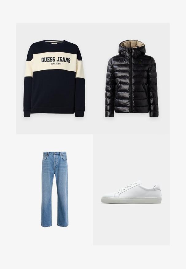 Giacca a vento nera con finitura lucida, design trapuntato, cappuccio, chiusura con zip e due tasche laterali. L'interno è beige.; Felpa navy con striscia orizzontale beige, presenta il testo "GUESS JEANS" e il dettaglio "SINCE 1981". Realizzata in morbido cotone.; Jeans in denim blu chiaro con design a gamba dritta, cinque tasche, chiusura con bottone, leggero sbiadimento e dettagli di cucitura a contrasto.; Sneaker bianco con tomaia in pelle liscia e profilo basso. Presenta una punta arrotondata, sei occhielli e una suola in gomma testurizzata.