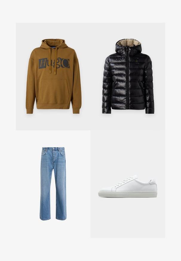 Black puffer jacket with a shiny finish, quilted design, hood, zip closure, and two side pockets. Interior is beige.; Brown hooded sweatshirt featuring a large black "Hugo" graphic on the front, drawstring hood, and a kangaroo pocket. Soft fabric, relaxed fit.; Light blue denim jeans with a straight-leg design, five pockets, button closure, minimal fading, and contrasting stitching details.; White sneaker with a smooth leather upper and a low profile. Features a rounded toe, six eyelets, and a textured rubber sole.