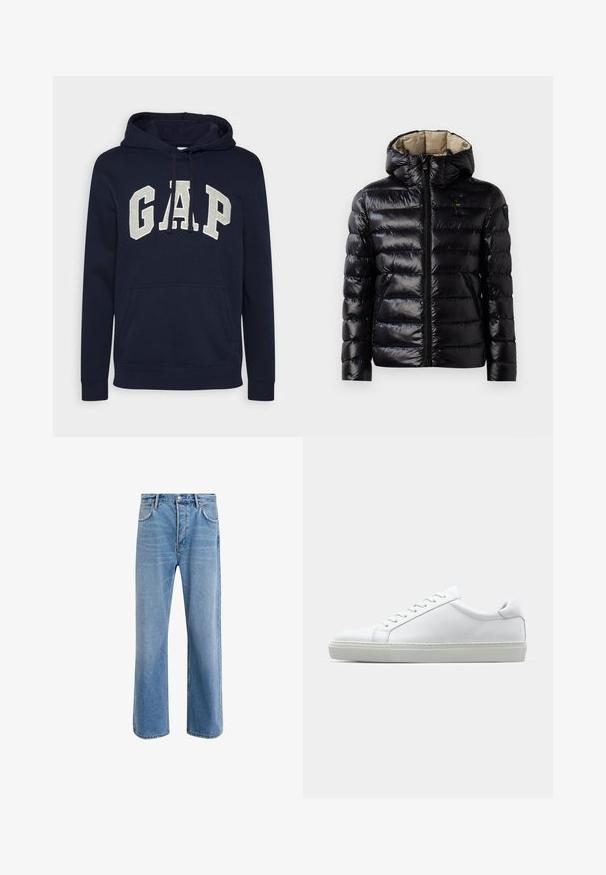 Schwarze Pufferjacke mit glänzender Oberfläche, gestepptem Design, Kapuze, Reißverschluss und zwei seitlichen Taschen. Innenfutter ist beige.; Marineblaue Baumwollkapuzenjacke mit einem großen, hellgrauen "GAP"-Logo, einer vorderen Tasche und Kordeln an der Kapuze. Klassisches Design mit gerippten Bündchen.; Helle blaue Jeans im Geradeschnitt-Design, mit fünf Taschen, Knopfverschluss, minimaler Ausbleichung und kontrastierenden Nähdetails.; Weißer Sneaker mit glattem Lederobermaterial und niedrigem Profil. Verfügt über eine runde Zehenpartie, sechs Ösen und eine strukturierte Gummisohle.