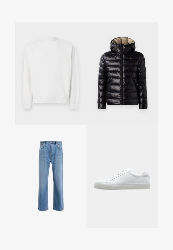 Chaqueta acolchada negra con un acabado brillante, diseño acolchado, capucha, cierre de cremallera y dos bolsillos laterales. El interior es de color beige.; Sudadera blanca hecha de un tejido suave, con un cuello alto, mangas largas y puños y dobladillo acanalados. Sin patrones ni acentos presentes.; Jeans de mezclilla azul claro con un diseño de pierna recta, cinco bolsillos, cierre de botón, ligeramente desgastados y detalles de costura en contraste.; Zapatilla blanca con parte superior de cuero liso y perfil bajo. Presenta una puntera redondeada, seis ojales y una suela de goma texturizada.