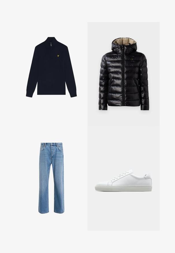 Schwarze Pufferjacke mit glänzender Oberfläche, gestepptem Design, Kapuze, Reißverschluss und zwei seitlichen Taschen. Innenfutter ist beige.; Marineblauer Pullover mit Reißverschlusskragen, aus weichem Baumwollmix gefertigt, mit einem kleinen gelben Logo auf der Brust und gerippten Bündchen.; Helle blaue Jeans im Geradeschnitt-Design, mit fünf Taschen, Knopfverschluss, minimaler Ausbleichung und kontrastierenden Nähdetails.; Weißer Sneaker mit glattem Lederobermaterial und niedrigem Profil. Verfügt über eine runde Zehenpartie, sechs Ösen und eine strukturierte Gummisohle.