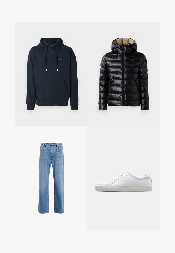 Giacca a vento nera con finitura lucida, design trapuntato, cappuccio, chiusura con zip e due tasche laterali. L'interno è beige.; Felpa con cappuccio blu navy in cotone, con tasca a marsupio e logo bianco stampato sul petto, arricchita da dettagli argentati sui lacci.; Jeans in denim blu chiaro con design a gamba dritta, cinque tasche, chiusura con bottone, leggero sbiadimento e dettagli di cucitura a contrasto.; Sneaker bianco con tomaia in pelle liscia e profilo basso. Presenta una punta arrotondata, sei occhielli e una suola in gomma testurizzata.