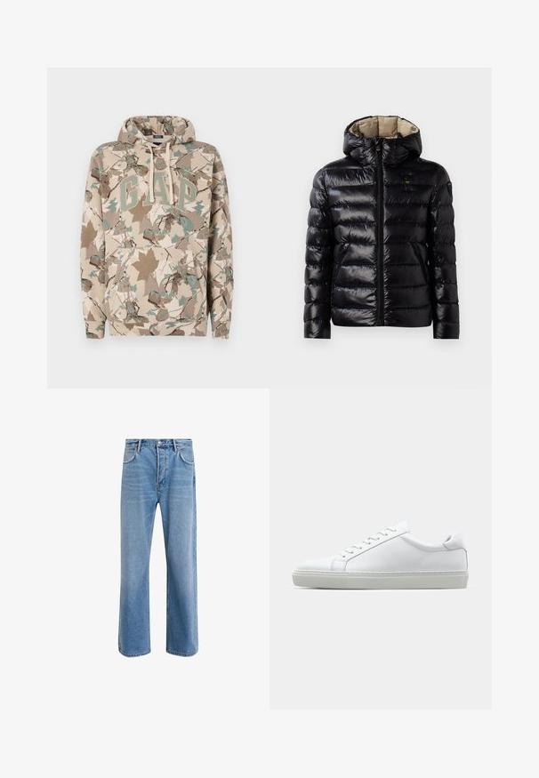 Črna zimska jakna z bleščečo površino, prešito zasnovo, kapuco, zadrgo in dvema stranskima žepoma. Notranjost je bež.; Bež hoodica s kamuflažnim listnim vzorcem, ki ima velik "GAP" logotip v zeleni barvi in sprednji žep. Narejena je iz mehke, teksturirane tkanine.; Svetlo modre denim kavbojke s ravno nogavico, petimi žepi, z gumbom za zapiranje, minimalnim zbledelostjo in kontrastnimi šivi.; Bela športna obutev z gladkim usnjenim zgornjim delom in nizkim profilom. Ima zaokrožen nos, šest lukenj za vezalke in teksturiran gumijast podplat.