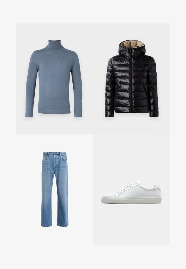 Črna zimska jakna z bleščečo površino, prešito zasnovo, kapuco, zadrgo in dvema stranskima žepoma. Notranjost je bež.; Svetra s dolgimi rokavi svetlo modre barve s turtleneck iz povsem gladkega pletenega materiala in prilegnjenim krojem na beli podlagi.; Svetlo modre denim kavbojke s ravno nogavico, petimi žepi, z gumbom za zapiranje, minimalnim zbledelostjo in kontrastnimi šivi.; Bela športna obutev z gladkim usnjenim zgornjim delom in nizkim profilom. Ima zaokrožen nos, šest lukenj za vezalke in teksturiran gumijast podplat.