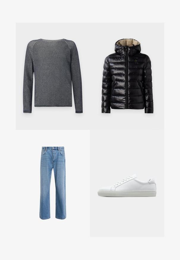 Μαύρο μπουφάν τύπου πούφφα με γυαλιστερή επιφάνεια, κομψό σχέδιο, κουκούλα, φερμουάρ και δύο πλαϊνές τσέπες. Το εσωτερικό είναι μπεζ.; Μπλούζα ναυτικού χρώματος με μακριά μανίκια, φτιαγμένη από υλικό με υφή. Διαθέτει στρογγυλή λαιμόκοψη και ενισχυμένες ραφές στους ώμους.; Ανοιχτό μπλε τζιν παντελόνι με ευθεία γραμμή, πέντε τσέπες, κλείσιμο με κουμπί, ελάχιστη φθορά και αντίθετες ραφές.; Λευκό αθλητικό παπούτσι με άνω μέρος από λείο δέρμα και χαμηλό προφίλ. Διαθέτει στρογγυλεμένη μύτη, έξι τρυπούλες και υφασμένη καουτσούκ σόλα.