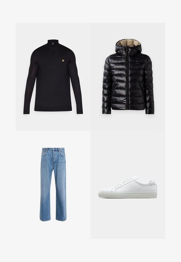 Giacca a vento nera con finitura lucida, design trapuntato, cappuccio, chiusura con zip e due tasche laterali. L'interno è beige.; Maglione zip-up nero realizzato in tessuto morbido, con colletto alto e maniche lunghe. Piccolo logo giallo sulla parte sinistra del petto.; Jeans in denim blu chiaro con design a gamba dritta, cinque tasche, chiusura con bottone, leggero sbiadimento e dettagli di cucitura a contrasto.; Sneaker bianco con tomaia in pelle liscia e profilo basso. Presenta una punta arrotondata, sei occhielli e una suola in gomma testurizzata.