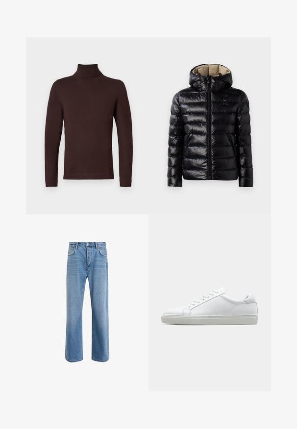 Schwarze Pufferjacke mit glänzender Oberfläche, gestepptem Design, Kapuze, Reißverschluss und zwei seitlichen Taschen. Innenfutter ist beige.; Dunkelbrauner, langärmliger Rollkragenpullover mit schmaler Passform, auf einem schlichten weißen Hintergrund präsentiert.; Helle blaue Jeans im Geradeschnitt-Design, mit fünf Taschen, Knopfverschluss, minimaler Ausbleichung und kontrastierenden Nähdetails.; Weißer Sneaker mit glattem Lederobermaterial und niedrigem Profil. Verfügt über eine runde Zehenpartie, sechs Ösen und eine strukturierte Gummisohle.