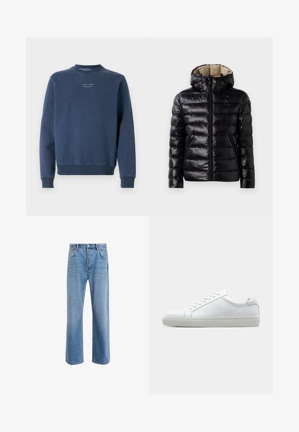Jachetă puf din material negru, cu finisaj lucios, design cu matlasare, glugă, închidere cu fermoar și două buzunare laterale. Interiorul este bej.; Hanorac bleu marin din bumbac texturat. Prezintă guler rotund, mâneci lungi și manșete canal. Brandingul este afișat pe piept.; Jeans din denim bleu deschis cu un design drept, cinci buzunare, închidere cu buton, decolorare minimă și detalii de cusătură în contrast.; Adidași albi cu o suprafață din piele netedă și un profil jos. Au un vârf rotunjit, șase orificii pentru șireturi și o talpă din cauciuc texturată.