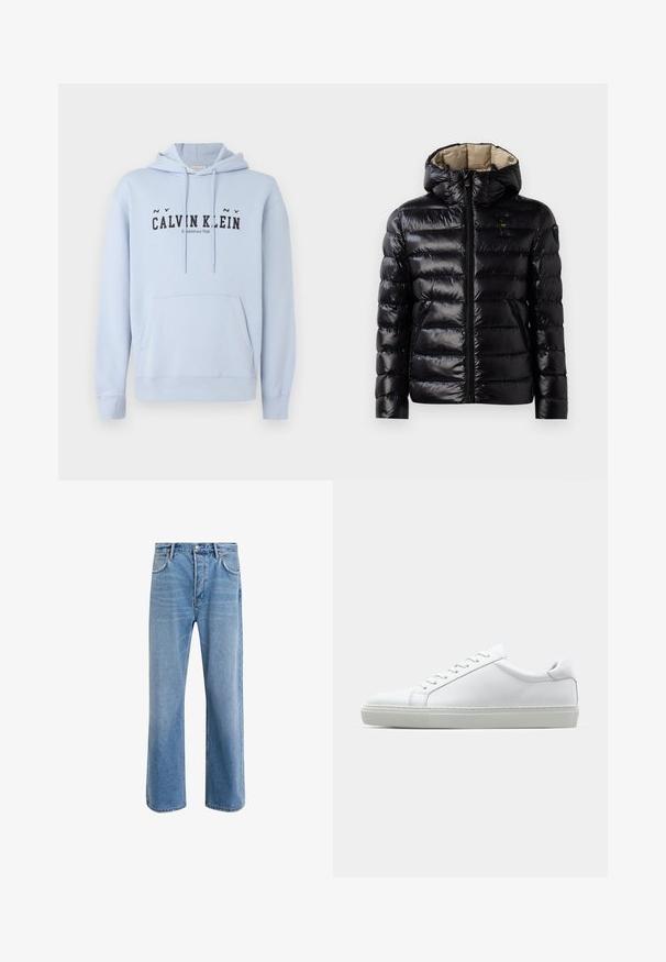 Juodas pūkinis švarkas su blizgiu paviršiumi, siuvinėjimo dizainu, su gobtuvu, užtrauktuko uždarymu ir dviem šoninėmis kišenėmis. Vidus yra smėlio spalvos.; Šviesiai mėlyna džemperis su gobtuvu, pagamintas iš audinio, su priekyje esančia kišene, reguliuojamu gobtuvu ir juodu užrašu "CALVIN KLEIN Established 1968" priekyje.; Šviesiai mėlyni džinsai su tiesiu kirpimu, penkios kišenės, mygtuko užsegimas, minimalus blukimas ir kontrastingi siuvimo detalės.; Baltas sportinis batelis su lygiu odiniu paviršiumi ir žemu profiliu. Turi suapvalintą pirštą, šešis akių skyrius ir tekstūruotą gumos padą.