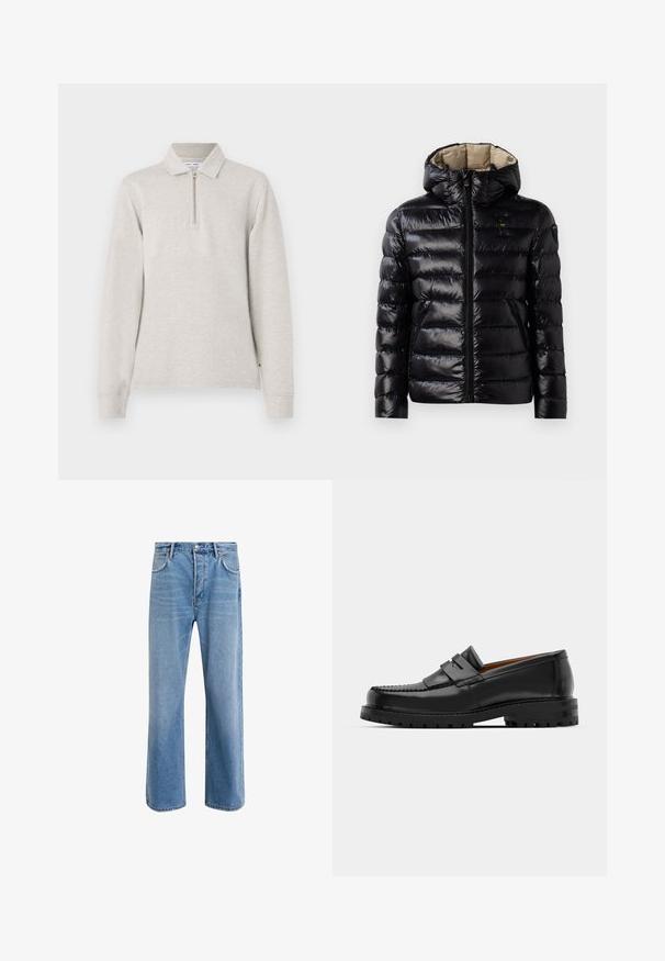 Chaqueta acolchada negra con un acabado brillante, diseño acolchado, capucha, cierre de cremallera y dos bolsillos laterales. El interior es de color beige.; Camisa polo de manga larga en gris claro, con cuello y media cremallera, diseño con cuello y mangas con puños, hecha de una suave tela texturizada.; Jeans de mezclilla azul claro con un diseño de pierna recta, cinco bolsillos, cierre de botón, ligeramente desgastados y detalles de costura en contraste.; Los mocasines de cuero negro presentan una costura elevada, dos correas decorativas en la parte superior y una suela gruesa y texturizada para mayor agarre.