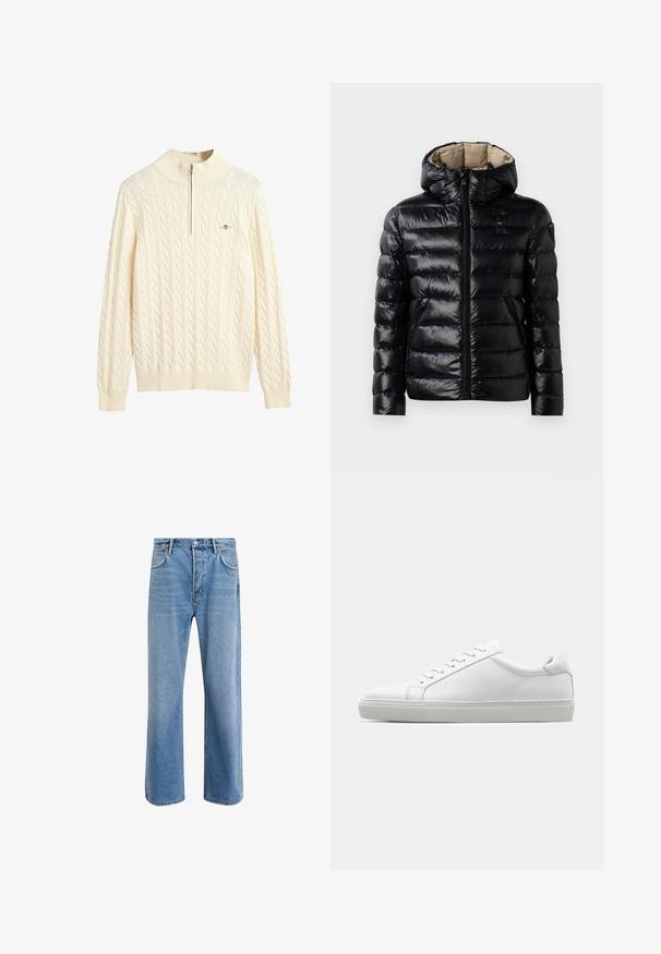 Black puffer jacket with a shiny finish, quilted design, hood, zip closure, and two side pockets. Interior is beige.; Cream-colored cable-knit sweater with a high collar and half-zip closure; features ribbed cuffs and hem, soft texture, and logo accent.; Light blue denim jeans with a straight-leg design, five pockets, button closure, minimal fading, and contrasting stitching details.; White sneaker with a smooth leather upper and a low profile. Features a rounded toe, six eyelets, and a textured rubber sole.