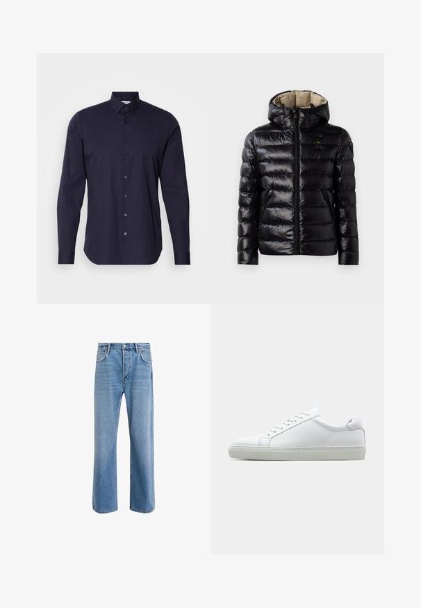 Melna pūkaina jaka ar spīdīgu apdari, quilted dizainu, kapuci, rāvējslēdzēju un divām sānu kabatām. Iekšpuse ir bēša.; Jūras spēku krekls ar garām piedurknēm, klasiskā apkakle un slaida piegriezuma dizains. Izgatavots no gludas auduma ar smalku logotipu uz krūšu daļas.; Gai zilas džinsu bikses ar taisnām kājām, piecām kabatām, pogu aizvēršanu, minimālu izbalēšanu un kontrastējošiem šuvju elementiem.; Baltie sporta apavi ar gludu ādas virsu un zemu profilu. Iezīmējas ar noapaļotu purngalu, sešām acīm un teksturētu gumijas zoli.