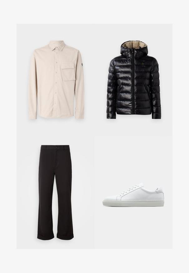 Casaco puffer preto com acabamento brilhante, design matelassé, capuz, fecho de correr e dois bolsos laterais. O interior é bege.; Camisa de botão de manga longa bege clara, em material de algodão, com um bolso no peito esquerdo e um emblema na manga. Textura simples.; Calças pretas com um corte reto, feitas de tecido leve. Apresentam um fecho clássico com botão e punhos dobrados na bainha.; Sapatilha branca com um cabedal em couro liso e de perfil baixo. Apresenta um bico redondo, seis ilhoses e uma sola de borracha texturizada.