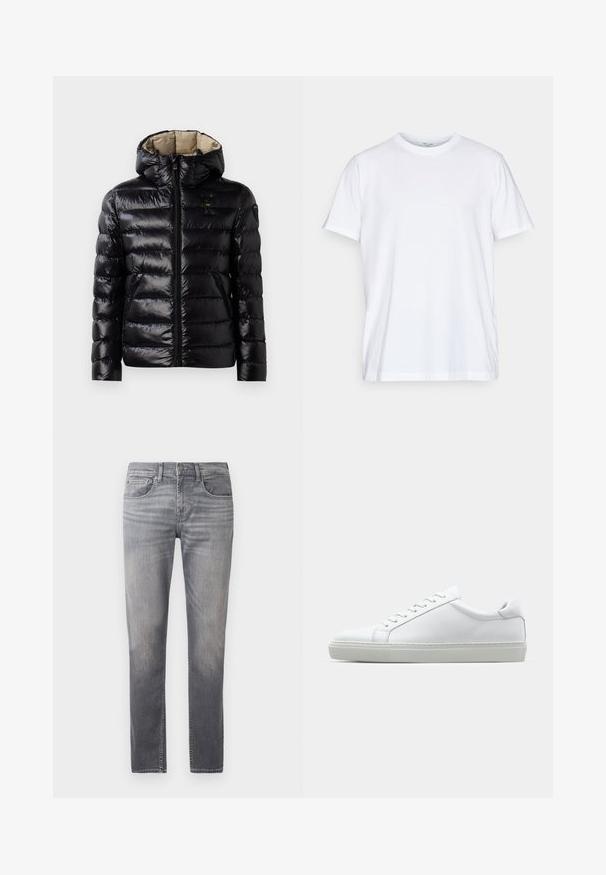 Schwarze Pufferjacke mit glänzender Oberfläche, gestepptem Design, Kapuze, Reißverschluss und zwei seitlichen Taschen. Innenfutter ist beige.; Weißes Baumwoll-T-Shirt mit kurzen Ärmeln, rundem Halsausschnitt und lockerer Passform. Minimalistisches Design, ohne Muster oder Akzente.; Graue Jeans aus Denim mit geradem Bein, ausgebleichtem Design, fünf Taschen und einem regulären Bund mit Knopfverschluss.; Weißer Sneaker mit glattem Lederobermaterial und niedrigem Profil. Verfügt über eine runde Zehenpartie, sechs Ösen und eine strukturierte Gummisohle.