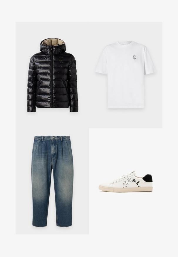 Giacca a vento nera con finitura lucida, design trapuntato, cappuccio, chiusura con zip e due tasche laterali. L'interno è beige.; T-shirt in cotone bianco con vestibilità rilassata, presenta un piccolo logo grafico nero nella zona sinistra del petto. Maniche corte, collo a giro.; Pantaloni in denim con una sfumatura di blu chiaro a blu scuro. Presentano una vita alta e una parte anteriore plissettata con taglio dritto e orli con risvolto.; Sneaker in pelle bianca con accentuazioni nere sul tallone, caratterizzata da bold lettering nero sul lato e una suola in gomma. Design minimalista.