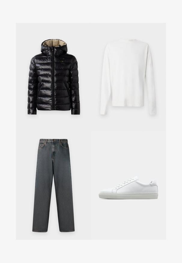 Musta puffatakki kiiltävällä pinnalla, tikattu muotoilu, huppu, vetoketjukiinnitys ja kaksi sivutaskua. Sisäosa on beige.; Pitkähihaisesta valkoisesta puuvillapaidasta, jossa on pyöreä pääntie, sivuhaalareita alaosassa ja sileä pinta, näkyy takaa.; Tummanharmaat farkut, joissa on suora lahje, viisi taskua sekä nappi- ja vetoketjusulku. Kangas sisältää hillittyä haalistumista ja ompelua.; Valkoinen tennari, jossa on sileä nahkapäällinen ja matala profiili. Ominaisuuksiin kuuluu pyöreä kärki, kuusi rei'itystä ja teksturoitu kumipohja.