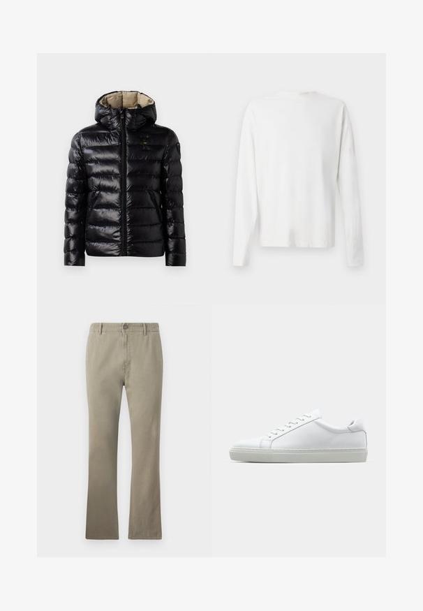 Zwarte pufferjack met een glanzende afwerking, geborduurde design, capuchon, ritsluiting en twee zijzakken. Binnenkant is beige.; Witte katoenen blouse met lange mouwen en een ronde halslijn, met zijsplitten aan de onderkant en een gladde textuur, vanuit de achterkant weergegeven.; Beige katoenen broek met een rechte snit, voorzien van een knoopsluiting, riemlussen en een licht gestructureerd oppervlak, geschikt voor casual draag.; Witte sneaker met een gladlederen bovenwerk en een laag profiel. Voorzien van een ronde neus, zes vetergaatjes en een gestructureerde rubberen zool.