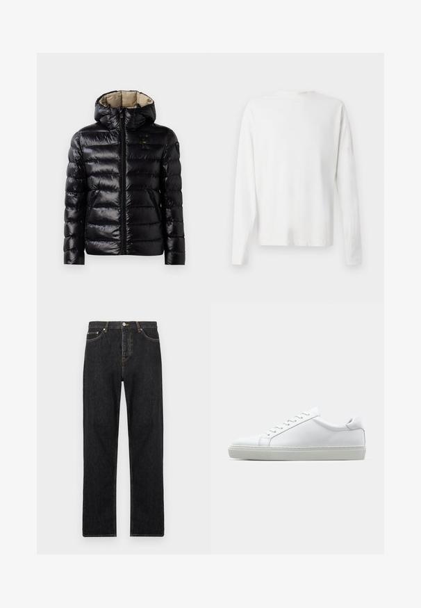 Črna zimska jakna z bleščečo površino, prešito zasnovo, kapuco, zadrgo in dvema stranskima žepoma. Notranjost je bež.; Bela bombažna srajca z dolgimi rokavi in okroglo ovratnikom, z bočnimi razporki na dnu in gladko teksturo, prikazana s hrbtne strani.; Črne denim hlače z ravnim krojem, z gumbom za zapiranje, petimi žepi in subtilnimi šivi ob šivih.; Bela športna obutev z gladkim usnjenim zgornjim delom in nizkim profilom. Ima zaokrožen nos, šest lukenj za vezalke in teksturiran gumijast podplat.