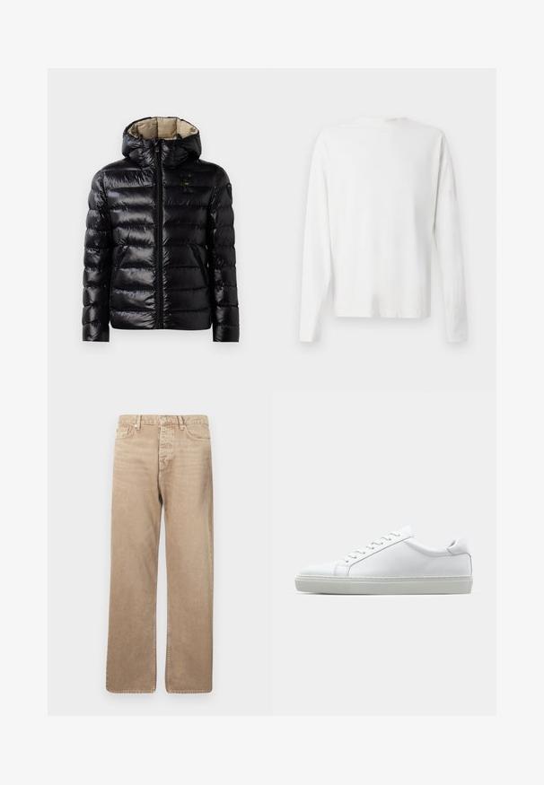 Črna zimska jakna z bleščečo površino, prešito zasnovo, kapuco, zadrgo in dvema stranskima žepoma. Notranjost je bež.; Bela bombažna srajca z dolgimi rokavi in okroglo ovratnikom, z bočnimi razporki na dnu in gladko teksturo, prikazana s hrbtne strani.; Bež jeans hlače s ravnim krojem, ki vključujejo pet žepov, z gumbnim zapiranjem in kontrastnim šivanjem. Gladka tekstura in minimalno obrabljene.; Bela športna obutev z gladkim usnjenim zgornjim delom in nizkim profilom. Ima zaokrožen nos, šest lukenj za vezalke in teksturiran gumijast podplat.