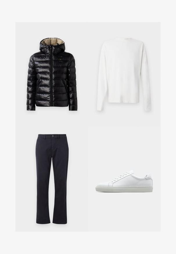 Giacca a vento nera con finitura lucida, design trapuntato, cappuccio, chiusura con zip e due tasche laterali. L'interno è beige.; Camicia bianca in cotone a maniche lunghe con scollatura rotonda, spacchi laterali in fondo e una texture liscia, mostrata da dietro.; Pantaloni dritti blu scuro con passanti per cintura e chiusura frontale con bottone, esposti su uno sfondo bianco.; Sneaker bianco con tomaia in pelle liscia e profilo basso. Presenta una punta arrotondata, sei occhielli e una suola in gomma testurizzata.
