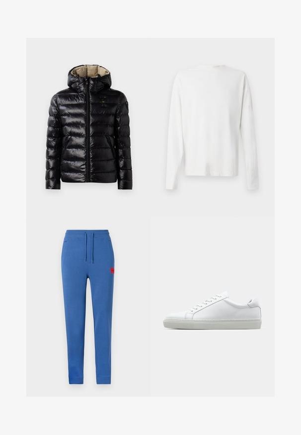 Schwarze Pufferjacke mit glänzender Oberfläche, gestepptem Design, Kapuze, Reißverschluss und zwei seitlichen Taschen. Innenfutter ist beige.; Langärmliges weißes Baumwollhemd mit rundem Ausschnitt, seitlichen Schlitzen am unteren Rand und glatter Textur, von hinten präsentiert.; Blaue Jogginghose mit elastischem Bund, Kordelzug, Seitentaschen und einem roten Logopatch auf der Vorderseite. Weiches Material aus Baumwollmischung.; Weißer Sneaker mit glattem Lederobermaterial und niedrigem Profil. Verfügt über eine runde Zehenpartie, sechs Ösen und eine strukturierte Gummisohle.