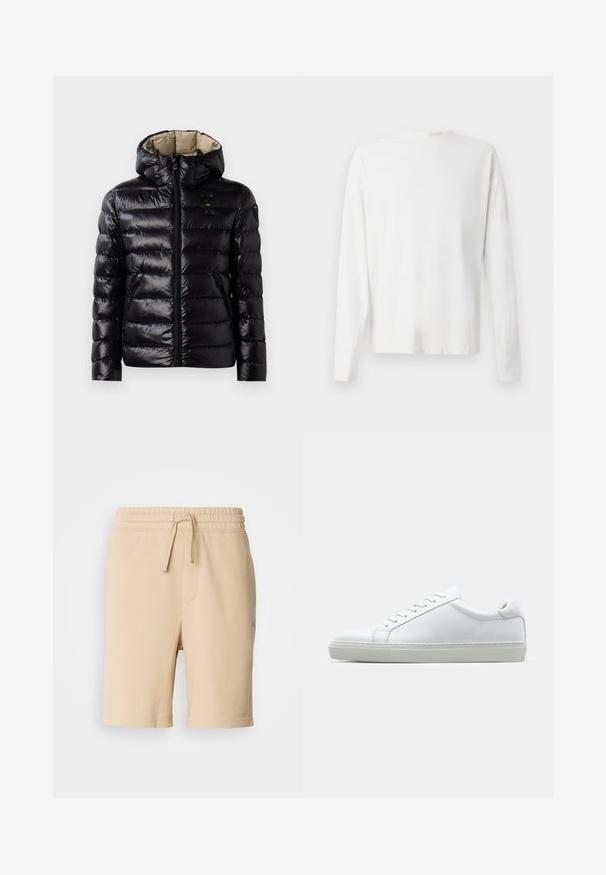 Črna zimska jakna z bleščečo površino, prešito zasnovo, kapuco, zadrgo in dvema stranskima žepoma. Notranjost je bež.; Bela bombažna srajca z dolgimi rokavi in okroglo ovratnikom, z bočnimi razporki na dnu in gladko teksturo, prikazana s hrbtne strani.; Bež kratke hlače iz bombažne mešanice z elastiko v pasu, detajl z vrvico za zategovanje, stransko žepom in ravnim krojem. Gladka tekstura in preprost dizajn.; Bela športna obutev z gladkim usnjenim zgornjim delom in nizkim profilom. Ima zaokrožen nos, šest lukenj za vezalke in teksturiran gumijast podplat.