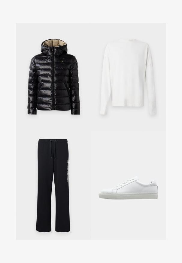 Czarna kurtka puchowa o błyszczącej powierzchni, pikowany design, z kapturem, zamek błyskawiczny i dwie boczne kieszenie. Wnętrze jest beżowe.; Biała, bawełniana koszula z długim rękawem, okrągłym dekoltem, bocznymi rozcięciami na dole oraz gładką fakturą, wyeksponowana z tyłu.; Czarne dresy wykonane z miękkiego materiału, z elastycznym pasem i sznurkiem do regulacji. Zawierają tekst nadrukowany na białym tle po jednej stronie.; Białe sneakersy z gładką skórzaną cholewką i niskim profilem. Posiadają okrągły nos, sześć dziurek na sznurówki oraz teksturowaną gumową podeszwę.