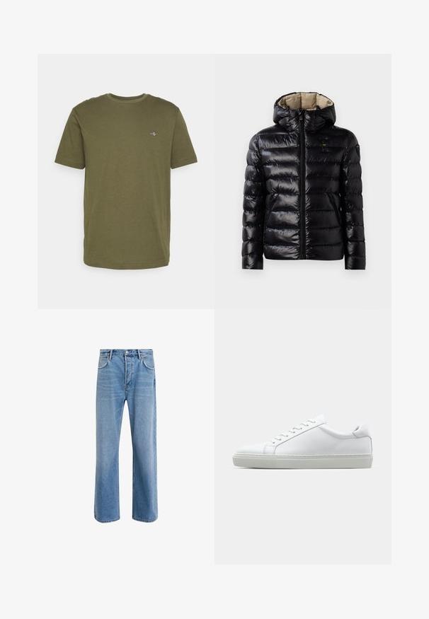 Čierna nafukovacia bunda s lesklým povrchom, prešitou konštrukciou, kapucňou, zipsovým zapínaním a dvoma bočnými vreckami. Interiér je béžový.; Olivovo zelené bavlnené tričko s krátkymi rukávmi, okrúhlym výstrihom a malým vyšitým logom na hrudi. Hladká textúra, neformálny dizajn.; Svetlo modré denimové džínsy so strihom rovného nohu, päť vreciek, zapínanie na gombík, minimálne vyblednutie a kontrastné švy.; Biele tenisky s hladkým koženým zvrškom a nízkym profilom. Majú zaoblenú špičku, šesť očiek a štruktúrovanú gumovú podrážku.