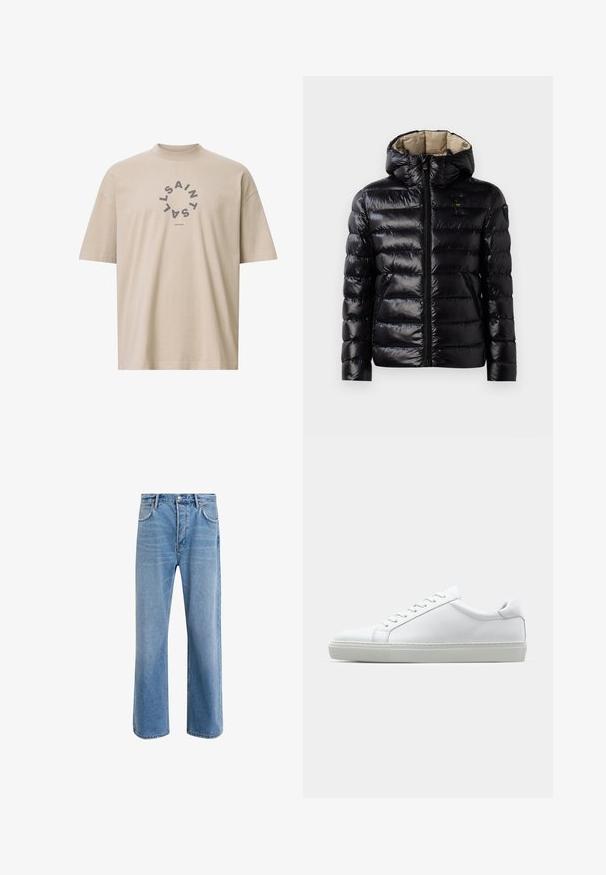 Casaco puffer preto com acabamento brilhante, design matelassé, capuz, fecho de correr e dois bolsos laterais. O interior é bege.; T-shirt oversized bege em algodão, com um gráfico redondo em cinza escuro e o texto "SAINT LONDON" no centro.; Calças de ganga azul claro com um design de perna reta, cinco bolsos, fecho de botão, desgaste mínimo e detalhes de costura em contraste.; Sapatilha branca com um cabedal em couro liso e de perfil baixo. Apresenta um bico redondo, seis ilhoses e uma sola de borracha texturizada.