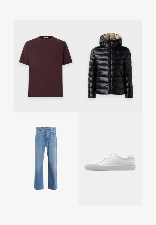 Sort puffer-jakke med en blank overflade, quiltet design, hætte, lynlås lukning og to sidelommer. Inderforet er beige.; Burgundy bomulds T-shirt med rund halsudskæring, korte ærmer og afslappet pasform. Ingen synlige logoer eller mønstre. Blød tekstur.; Lyseblå denim jeans med lige ben-design, fem lommer, knaplukning, minimal falming og kontraststingdetaljer.; Hvide sneakers med en glat læderoverdel og lav profil. Har en rund tå, seks snørehuller og en tekstureret gummisål.
