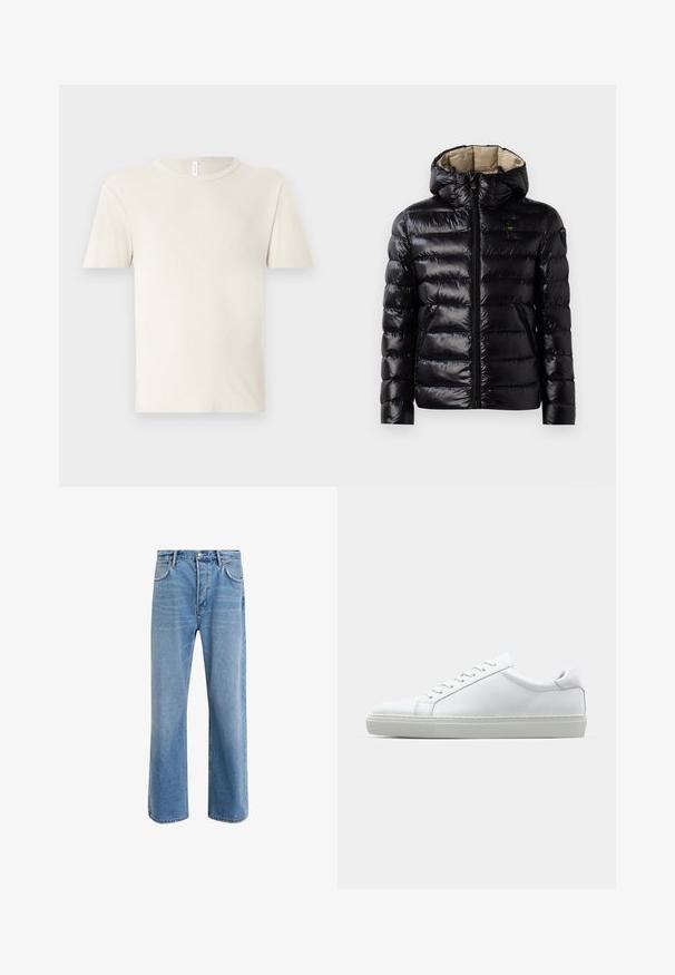 Giacca a vento nera con finitura lucida, design trapuntato, cappuccio, chiusura con zip e due tasche laterali. L'interno è beige.; T-shirt beige chiaro a maniche corte realizzato in tessuto morbido. Presenta un collo tondo e un design semplice e senza cuciture, senza motivi o accenti visibili.; Jeans in denim blu chiaro con design a gamba dritta, cinque tasche, chiusura con bottone, leggero sbiadimento e dettagli di cucitura a contrasto.; Sneaker bianco con tomaia in pelle liscia e profilo basso. Presenta una punta arrotondata, sei occhielli e una suola in gomma testurizzata.