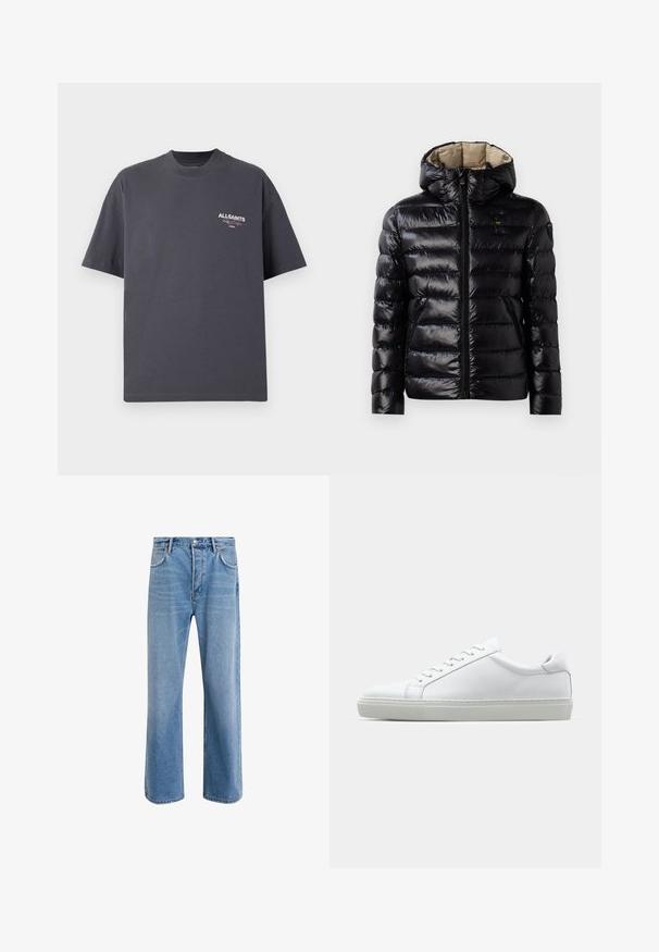Melna pūkaina jaka ar spīdīgu apdari, quilted dizainu, kapuci, rāvējslēdzēju un divām sānu kabatām. Iekšpuse ir bēša.; Tumši pelēks kokvilnas T-krekls ar apaļu izgriezumu, īsām piedurknēm un "All Saints" logo baltā un sarkanā krāsā uz krūšu daļas. Vienkāršs dizains.; Gai zilas džinsu bikses ar taisnām kājām, piecām kabatām, pogu aizvēršanu, minimālu izbalēšanu un kontrastējošiem šuvju elementiem.; Baltie sporta apavi ar gludu ādas virsu un zemu profilu. Iezīmējas ar noapaļotu purngalu, sešām acīm un teksturētu gumijas zoli.
