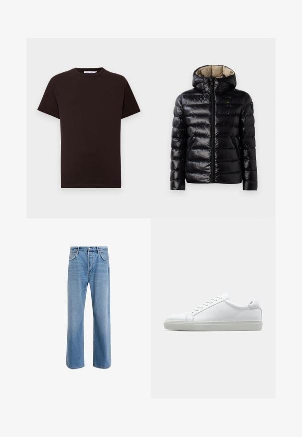 Giacca a vento nera con finitura lucida, design trapuntato, cappuccio, chiusura con zip e due tasche laterali. L'interno è beige.; T-shirt in cotone nero con scollo rotondo, maniche corte e orlo dritto. Texture liscia, design informale e senza loghi o motivi visibili.; Jeans in denim blu chiaro con design a gamba dritta, cinque tasche, chiusura con bottone, leggero sbiadimento e dettagli di cucitura a contrasto.; Sneaker bianco con tomaia in pelle liscia e profilo basso. Presenta una punta arrotondata, sei occhielli e una suola in gomma testurizzata.