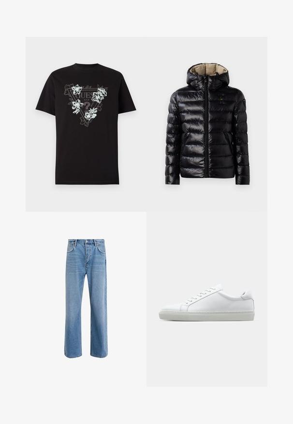 Sort puffer-jakke med en blank overflade, quiltet design, hætte, lynlås lukning og to sidelommer. Inderforet er beige.; Sort bomulds t-shirt med et trekantet logo med et blomstermotiv i lys blå og hvid. Korte ærmer og standard pasform.; Lyseblå denim jeans med lige ben-design, fem lommer, knaplukning, minimal falming og kontraststingdetaljer.; Hvide sneakers med en glat læderoverdel og lav profil. Har en rund tå, seks snørehuller og en tekstureret gummisål.