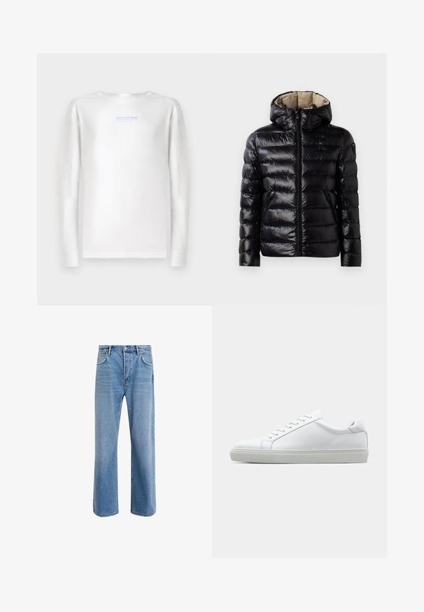 Svart boblejakke med skinnende overflate, quiltet design, hette, glidelås og to sidelommer. Innvendig er den beige.; TOM TAILOR DENIM Topper langermet - white; Lys blå denimjeans med rett ben-design, fem lommer, knappeåpning, minimal falming og kontrasterende sømdetaljer.; Hvit sneakers med en glatt skinnoverdel og lav profil. Har en rund tå, seks snøring hull, og en teksturert gummisåle.