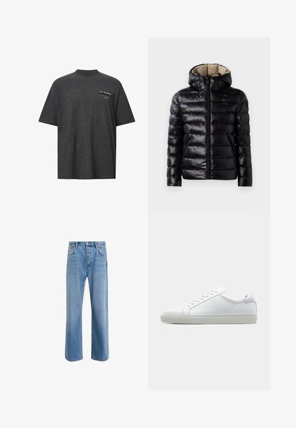 Musta puffatakki kiiltävällä pinnalla, tikattu muotoilu, huppu, vetoketjukiinnitys ja kaksi sivutaskua. Sisäosa on beige.; T-paita tumma harmaa, ylisuurikokoinen, pehmeästä kankaasta, jossa on pyöreä kaula-aukko ja etupuolella rintapainatus valkoisella tekstillä ja logolla.; Vaaleansiniset farkut suoranlahkeisella muotoilulla, viisi taskua, nappisuljenta, vähäinen kuluminen ja kontrastiväriset ompeluyksityiskohdat.; Valkoinen tennari, jossa on sileä nahkapäällinen ja matala profiili. Ominaisuuksiin kuuluu pyöreä kärki, kuusi rei'itystä ja teksturoitu kumipohja.