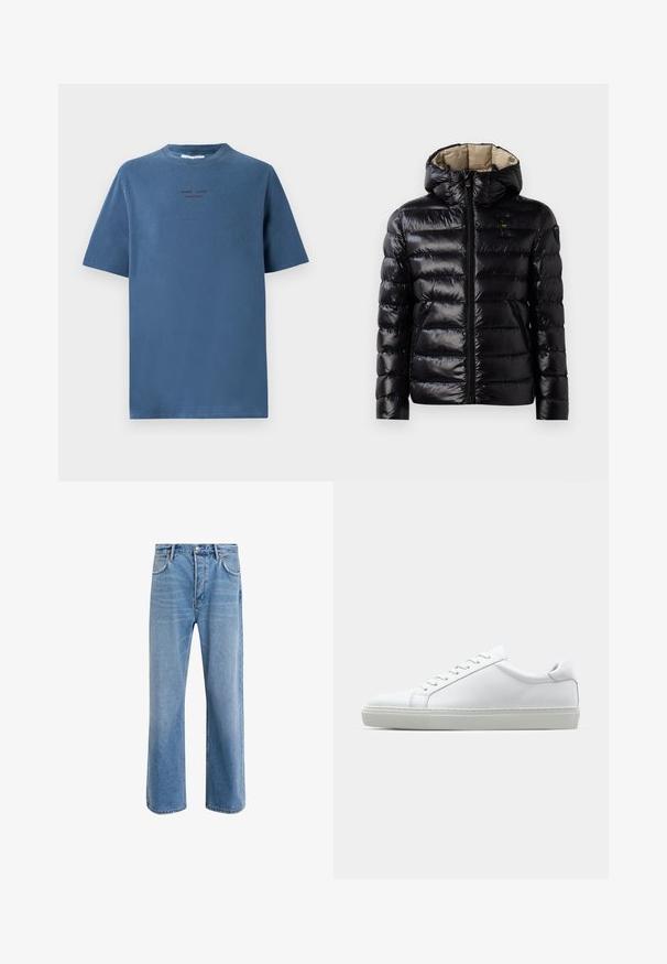 Černá prošívaná bunda s lesklým povrchem, prošívaným designem, kapucí, zipovým zapínáním a dvěma bočními kapsami. Vnitřek je béžový.; Modrá bavlněná tričko s kulatým výstřihem, krátkými rukávy a jemným textovým designem ve tmavších odstínech. Jednoduchý, uvolněný střih, bez vzorů.; Světle modré džínové kalhoty s rovnými nohavicemi, pěti kapsami, zapínáním na knoflík, minimálním vyblednutím a kontrastním prošitím.; Bílé tenisky s hladkým koženým svrškem a nízkým profilem. Mají zaoblenou špičku, šest nýtů a texturovanou gumovou podrážku.