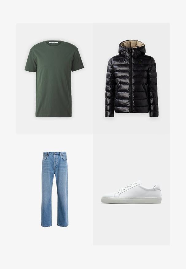 Czarna kurtka puchowa o błyszczącej powierzchni, pikowany design, z kapturem, zamek błyskawiczny i dwie boczne kieszenie. Wnętrze jest beżowe.; Ciemnozielona bawełniana koszulka, krótki rękaw, okrągły dekolt, luźny fason, gładki design i gładka tekstura bez widocznych wzorów czy akcentów.; Jasnoniebieskie dżinsy o prostym kroju, pięć kieszeni, zapięcie na guzik, minimalne blaknięcia i kontrastowe wykończenia szwów.; Białe sneakersy z gładką skórzaną cholewką i niskim profilem. Posiadają okrągły nos, sześć dziurek na sznurówki oraz teksturowaną gumową podeszwę.