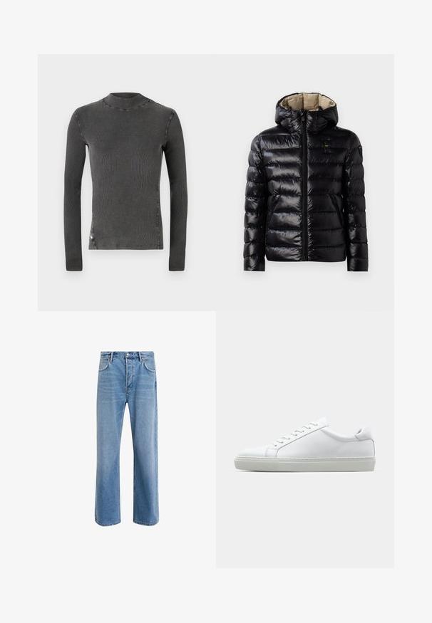 Juodas pūkinis švarkas su blizgiu paviršiumi, siuvinėjimo dizainu, su gobtuvu, užtrauktuko uždarymu ir dviem šoninėmis kišenėmis. Vidus yra smėlio spalvos.; Pilkas ilgomis rankovėmis marškinėliai su aukštu kaklu. Pagaminti iš raukšlėto audinio su matomais siūlėmis aplink siūles. Paprastas dizainas, be raštų.; Šviesiai mėlyni džinsai su tiesiu kirpimu, penkios kišenės, mygtuko užsegimas, minimalus blukimas ir kontrastingi siuvimo detalės.; Baltas sportinis batelis su lygiu odiniu paviršiumi ir žemu profiliu. Turi suapvalintą pirštą, šešis akių skyrius ir tekstūruotą gumos padą.