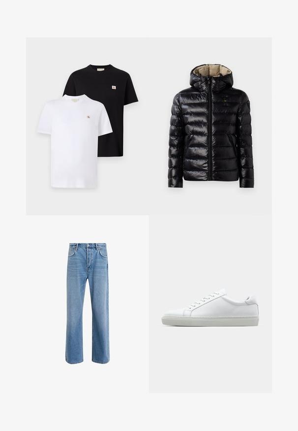 Črna zimska jakna z bleščečo površino, prešito zasnovo, kapuco, zadrgo in dvema stranskima žepoma. Notranjost je bež.; Dve kratkih majic v črni in beli barvi iz bombaža, z majhnim logotipom na prsih in klasičnim krojem. ; Svetlo modre denim kavbojke s ravno nogavico, petimi žepi, z gumbom za zapiranje, minimalnim zbledelostjo in kontrastnimi šivi.; Bela športna obutev z gladkim usnjenim zgornjim delom in nizkim profilom. Ima zaokrožen nos, šest lukenj za vezalke in teksturiran gumijast podplat.