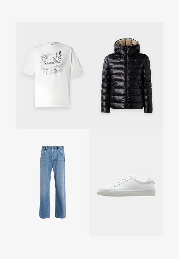 Čierna nafukovacia bunda s lesklým povrchom, prešitou konštrukciou, kapucňou, zipsovým zapínaním a dvoma bočnými vreckami. Interiér je béžový.; Biela bavlnená tričko s krátkymi rukávmi s grafikou hory Fuji obklopenej kvetmi a japonským textom v multicolorovom designe.; Svetlo modré denimové džínsy so strihom rovného nohu, päť vreciek, zapínanie na gombík, minimálne vyblednutie a kontrastné švy.; Biele tenisky s hladkým koženým zvrškom a nízkym profilom. Majú zaoblenú špičku, šesť očiek a štruktúrovanú gumovú podrážku.