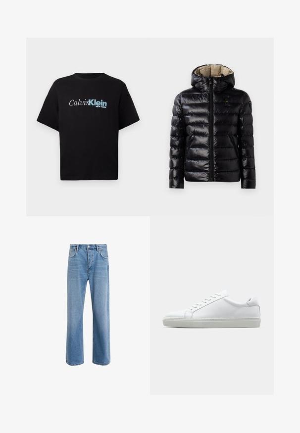 Svart boblejakke med skinnende overflate, quiltet design, hette, glidelås og to sidelommer. Innvendig er den beige.; Svart kortermet T-skjorte med "Calvin Klein New York" logo i hvitt og blått sentrert på brystet mot en ensfarget bakgrunn.; Lys blå denimjeans med rett ben-design, fem lommer, knappeåpning, minimal falming og kontrasterende sømdetaljer.; Hvit sneakers med en glatt skinnoverdel og lav profil. Har en rund tå, seks snøring hull, og en teksturert gummisåle.